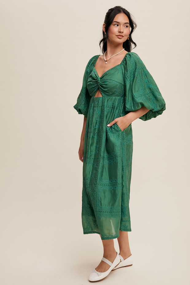 Listicle Puff Sleeve Eyelet Midi Dress