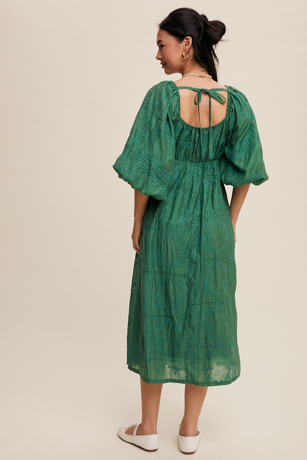 Listicle Puff Sleeve Eyelet Midi Dress