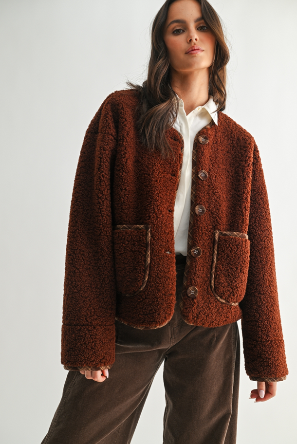 Wishlist Plaid Trim Sherpa Jacket