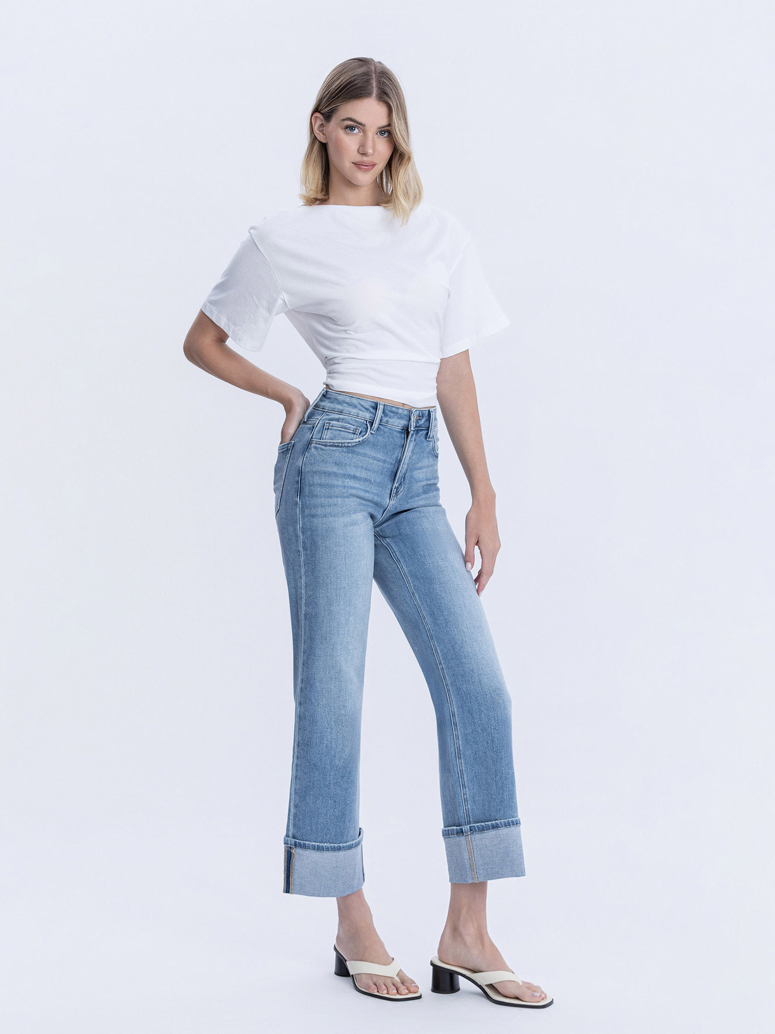 Flying Monkey High Rise Cuffed Slim Wide Leg Jeans