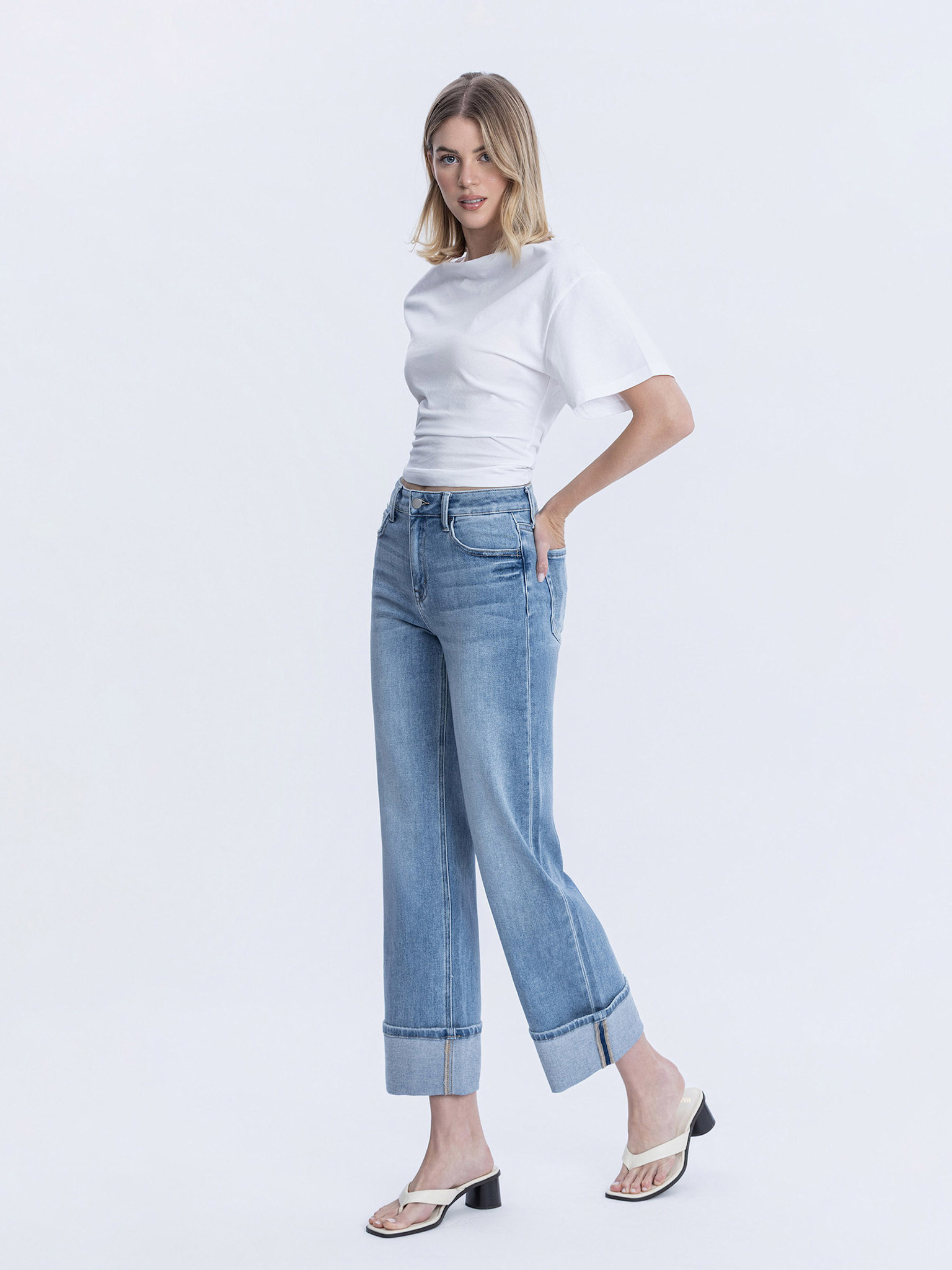 Flying Monkey High Rise Cuffed Slim Wide Leg Jeans