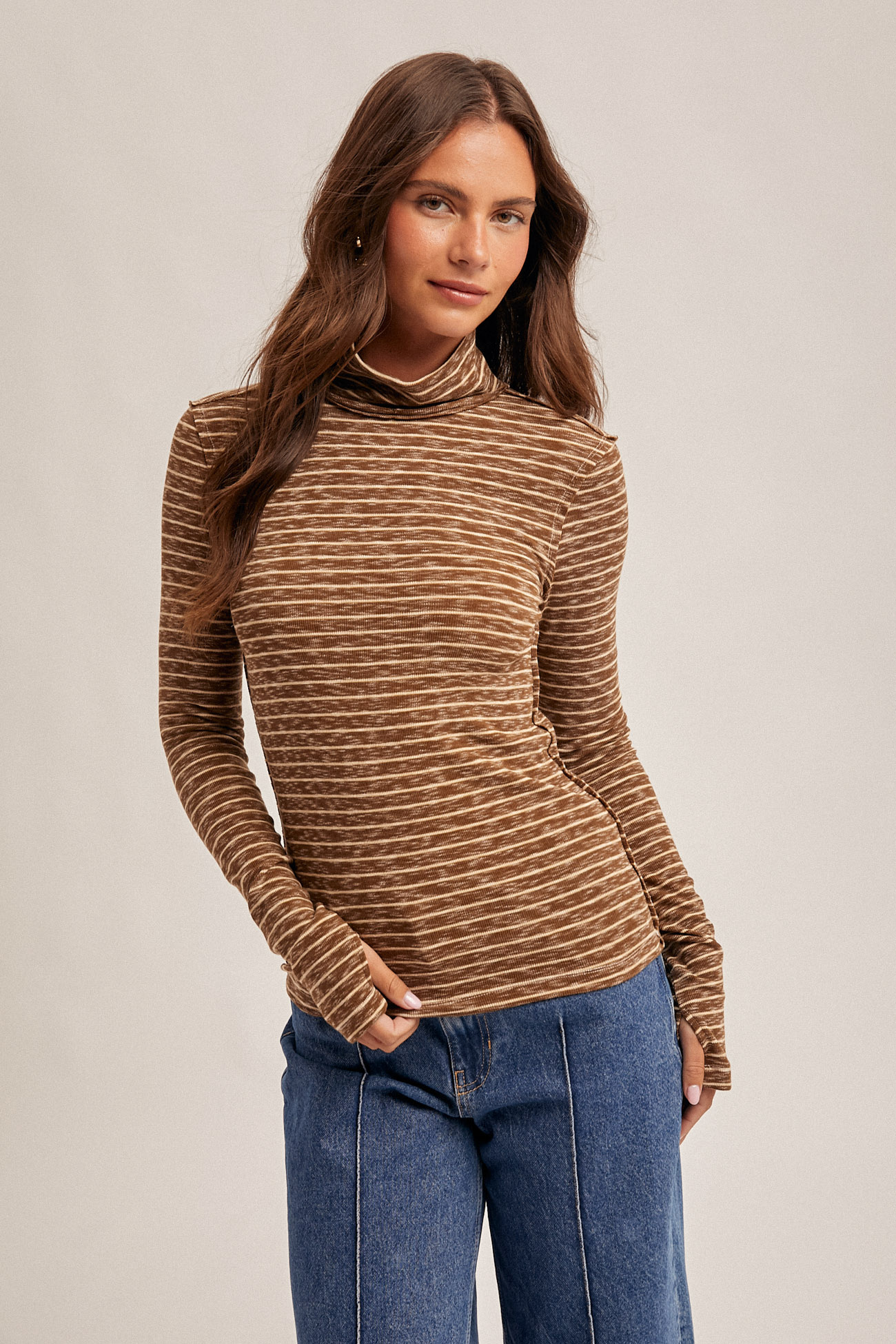 Hem & Thread Striped Thumb Hole Turtleneck