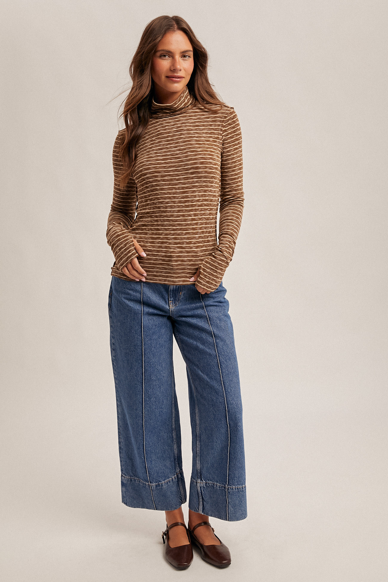 Hem & Thread Striped Thumb Hole Turtleneck