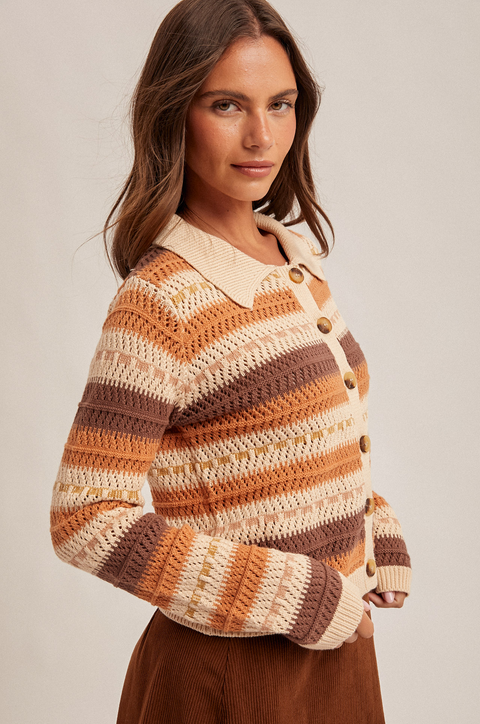 Hem & Thread Striped Crochet Cardigan