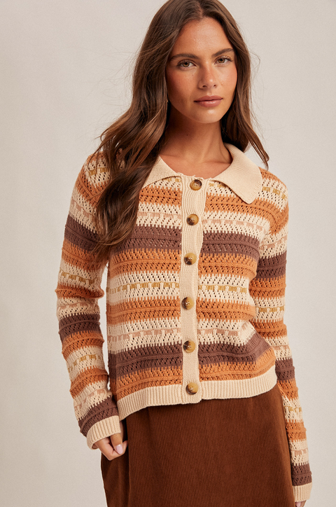 Hem & Thread Striped Crochet Cardigan
