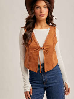 Hem & Thread Lace Trim Suedette Vest
