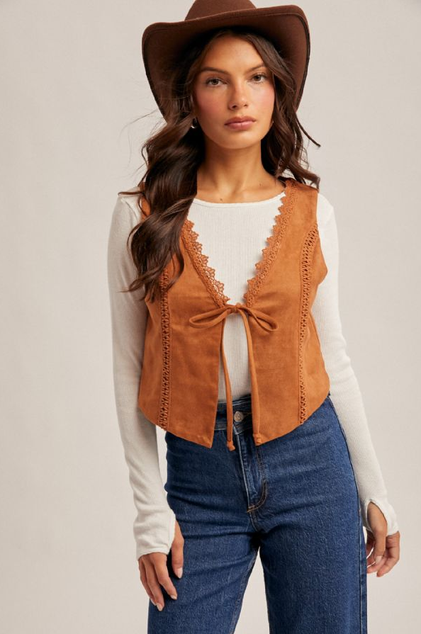 Hem & Thread Lace Trim Suedette Vest
