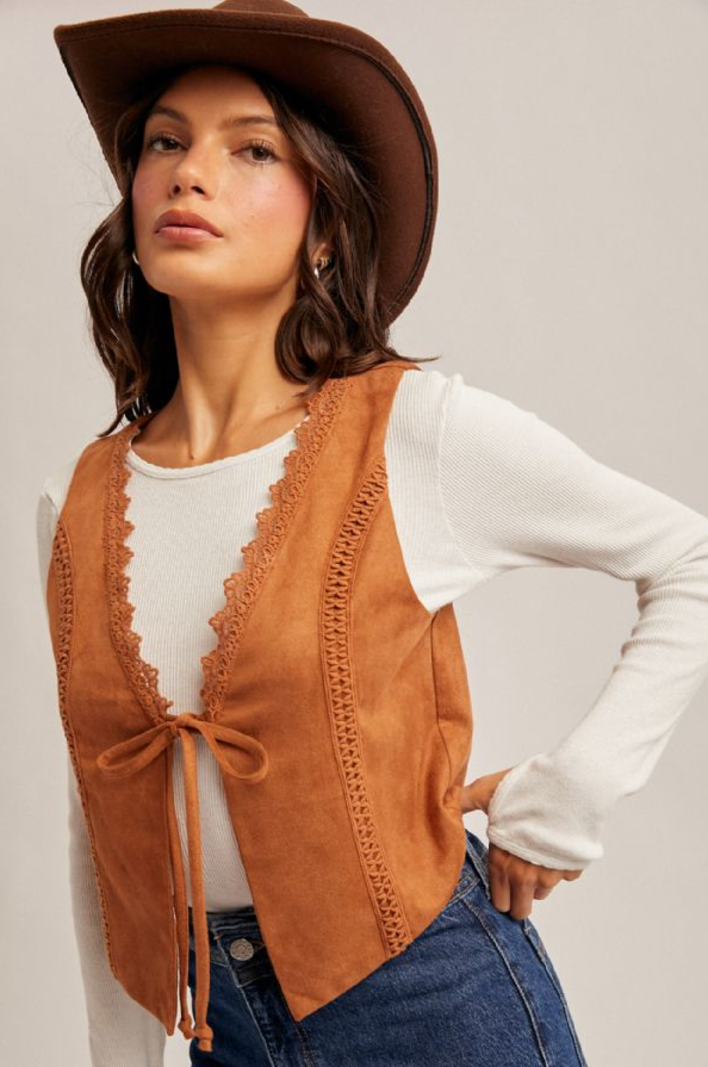 Hem & Thread Lace Trim Suedette Vest