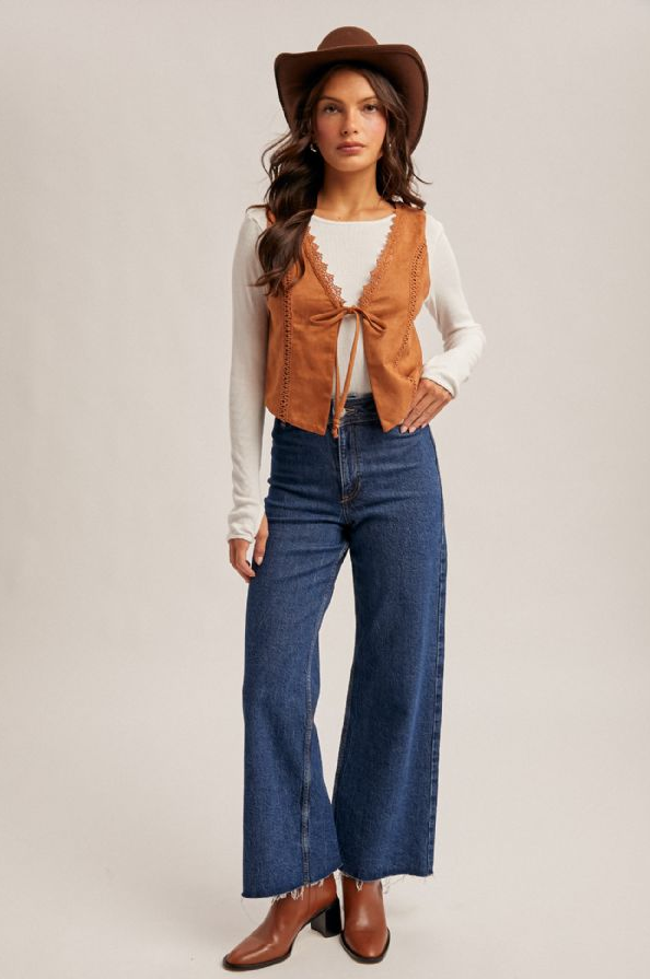 Hem & Thread Lace Trim Suedette Vest