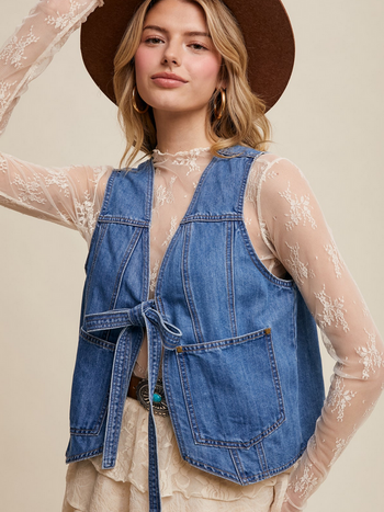 Listicle Tie Front Denim Vest