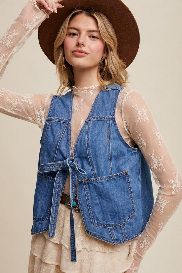 Listicle Tie Front Denim Vest