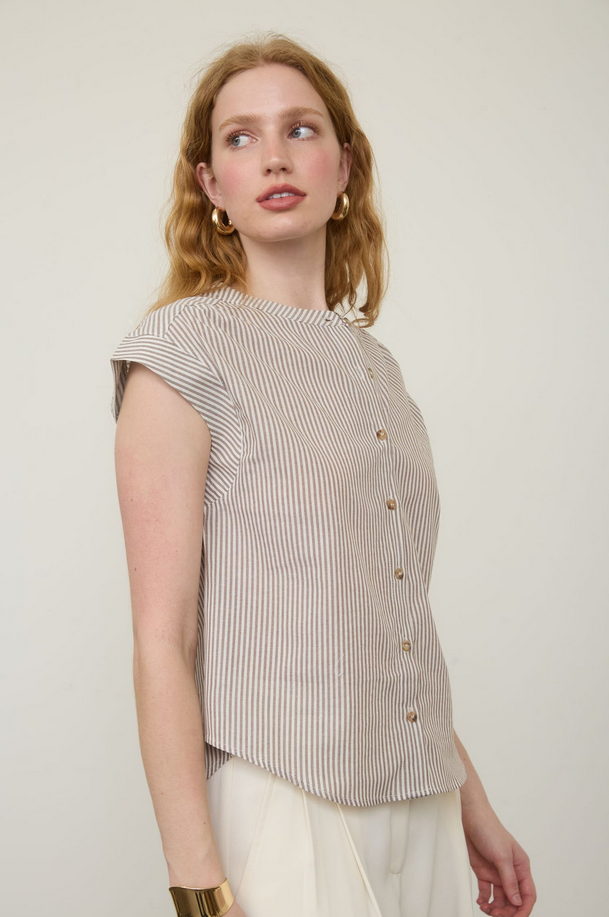 Blu Pepper Striped Round Neck Button Up