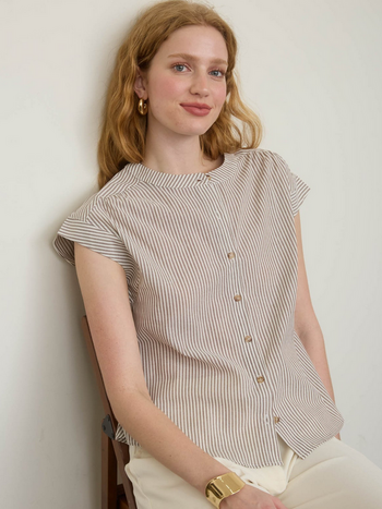 Blu Pepper Striped Round Neck Button Up