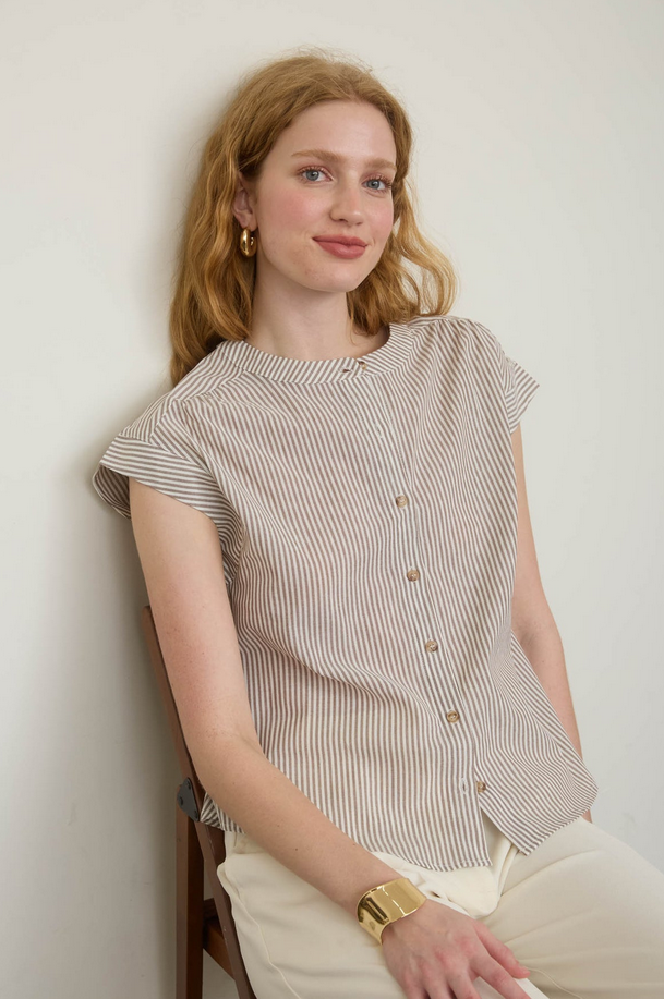 Blu Pepper Striped Round Neck Button Up