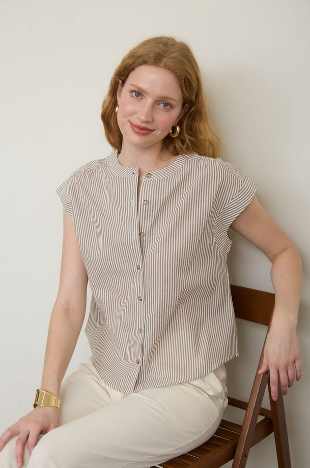 Blu Pepper Striped Round Neck Button Up