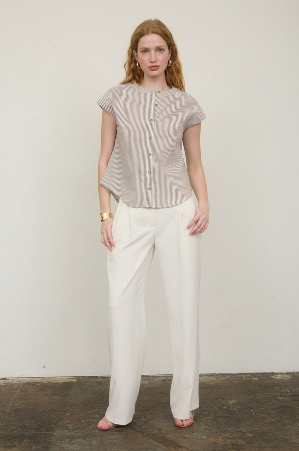 Blu Pepper Striped Round Neck Button Up