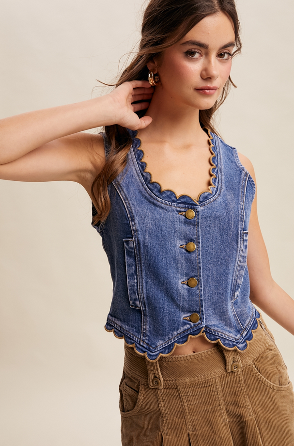 Listicle Scallop Trim Stretch Denim Vest