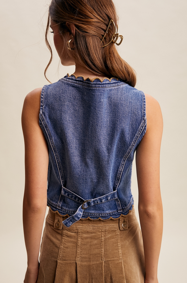 Listicle Scallop Trim Stretch Denim Vest