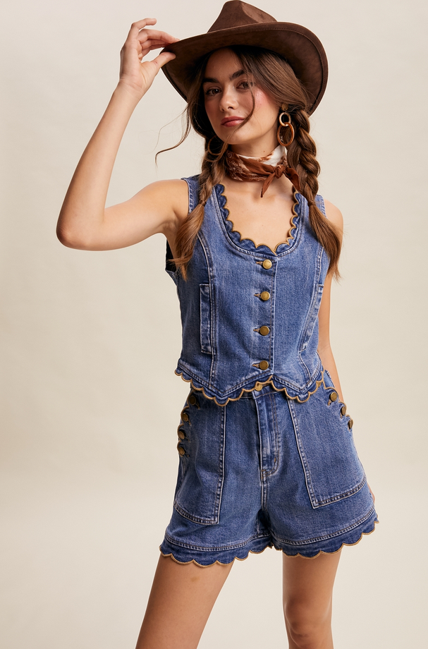 Listicle Scallop Trim Stretch Denim Vest