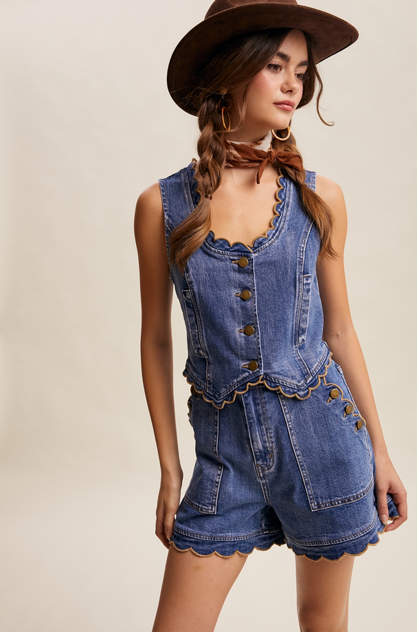 Listicle Scallop Trim Stretch Denim Vest