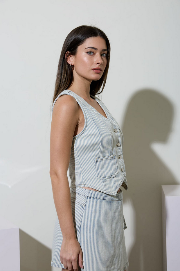 Blu Pepper Pin Stripe Denim Vest