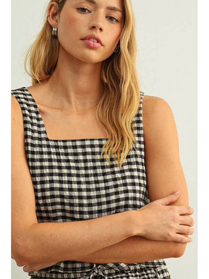 Miou Muse Square Neck Gingham Top