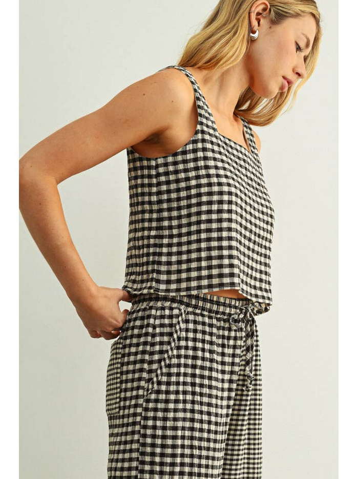 Miou Muse Square Neck Gingham Top
