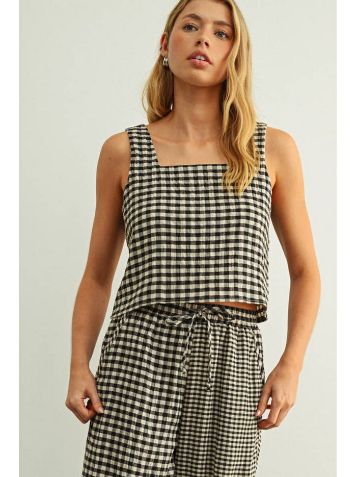 Miou Muse Square Neck Gingham Top