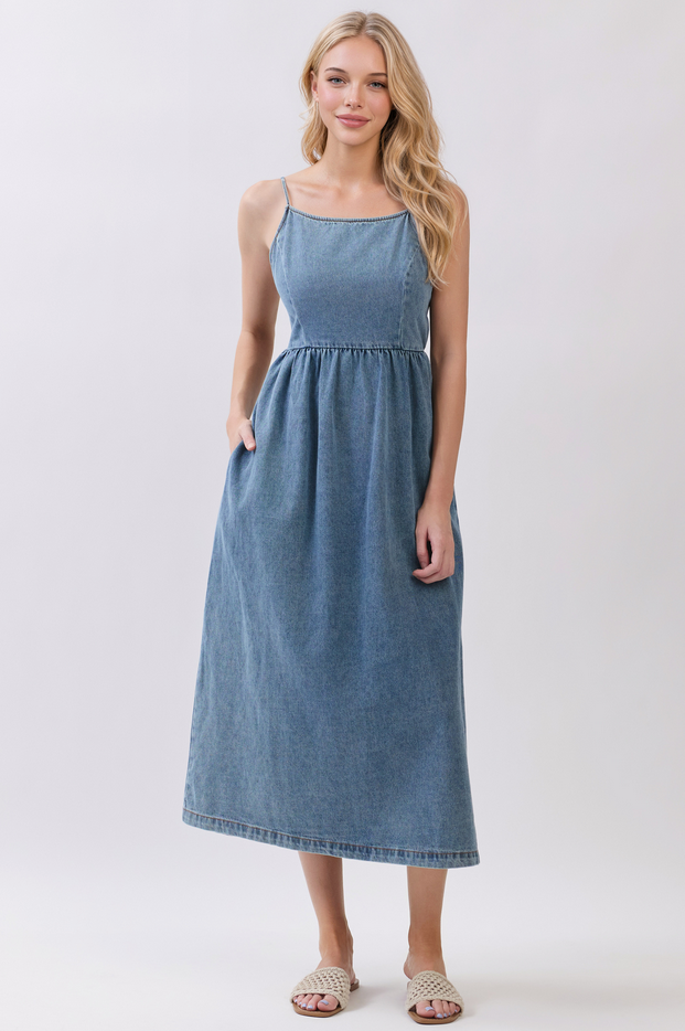 Final Touch Open Back Denim Midi Dress