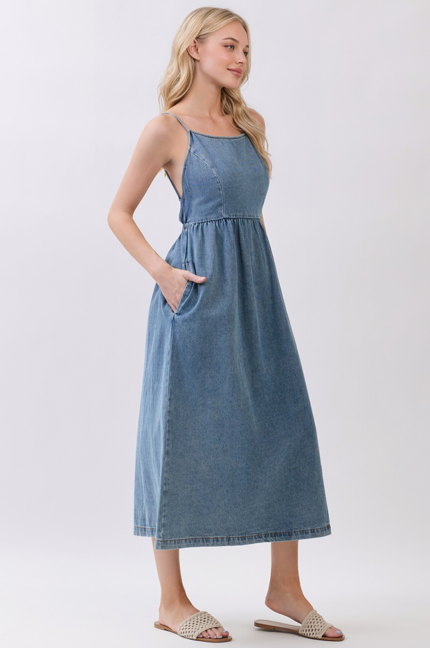 Final Touch Open Back Denim Midi Dress