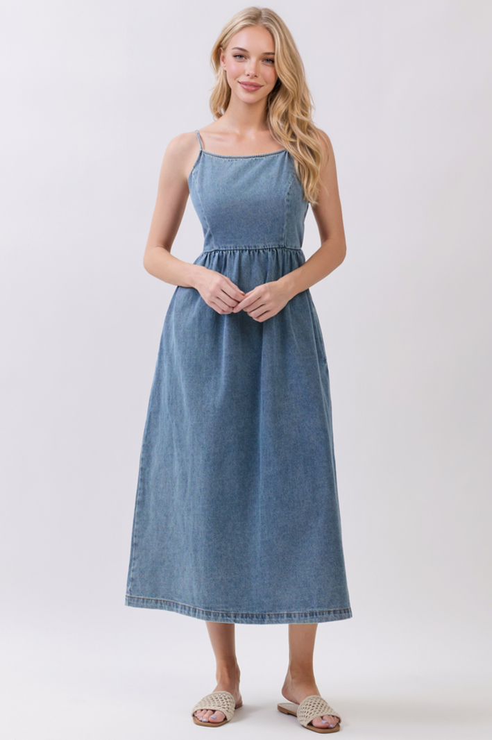 open back denim dress Open Back Belted Denim Midi Dress Small