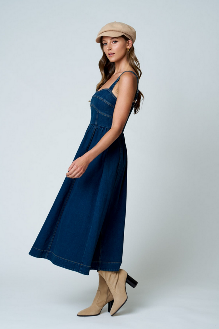 blu pepper denim dress Dark Denim Bow Detail Midi Dress