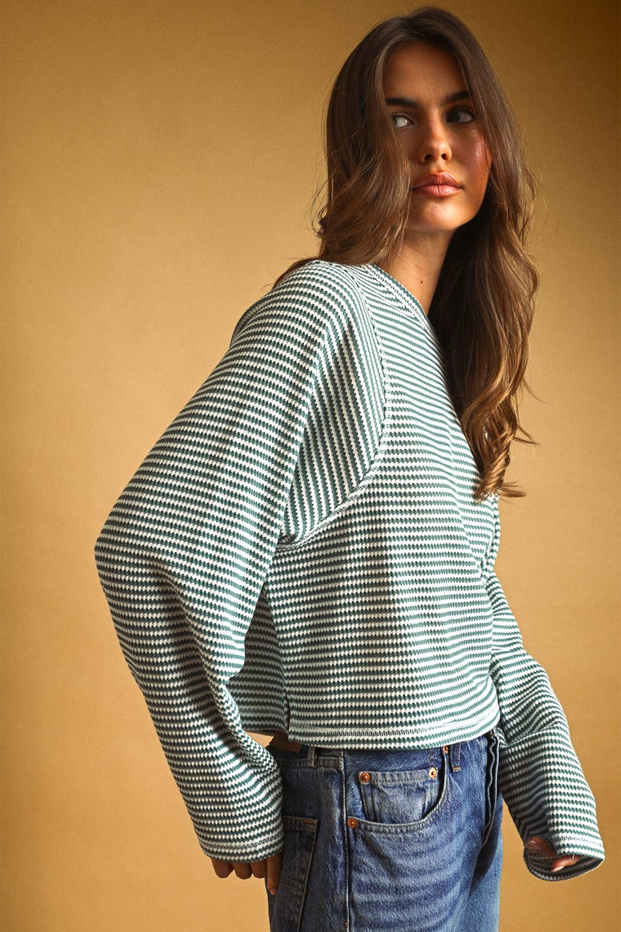 Miou Muse Long Sleeve Striped Waffle Knit
