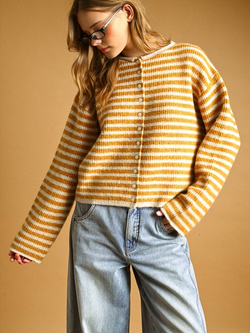 Miou Muse Rolled Hem Striped Cardigan