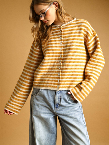 Miou Muse Rolled Hem Striped Cardigan