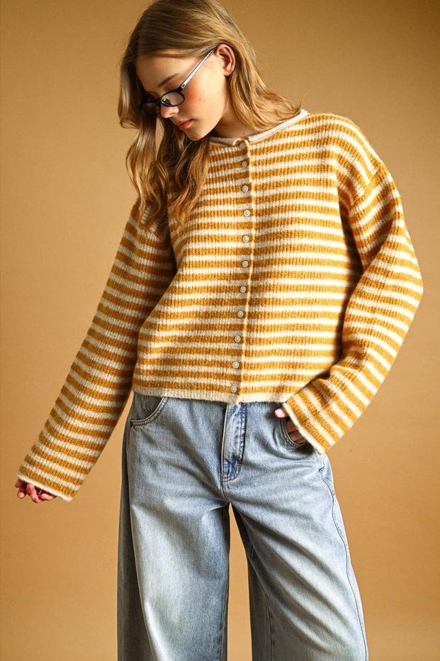 Miou Muse Rolled Hem Striped Cardigan