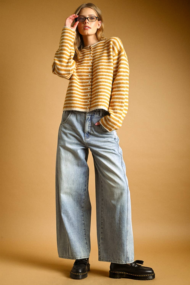 Miou Muse Rolled Hem Striped Cardigan