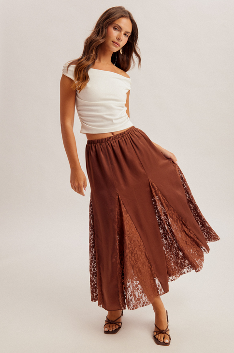 Hem & Thread Satin and Lace Midi Skirt