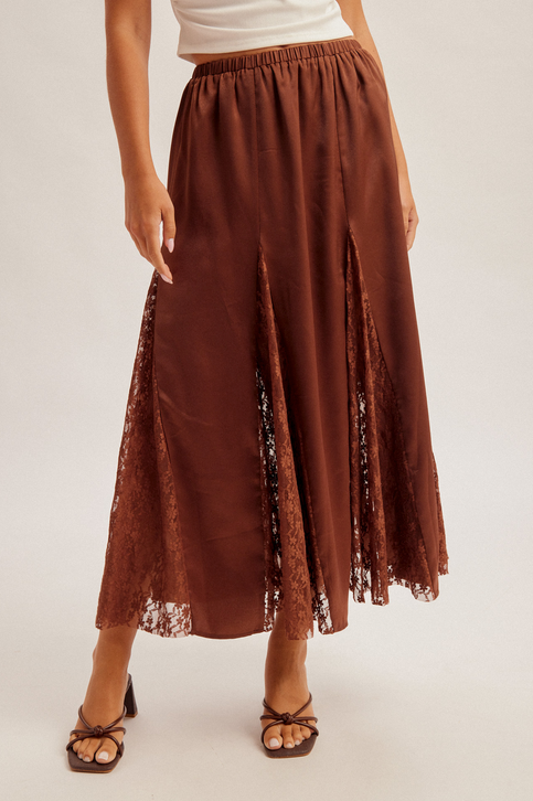Hem & Thread Satin and Lace Midi Skirt