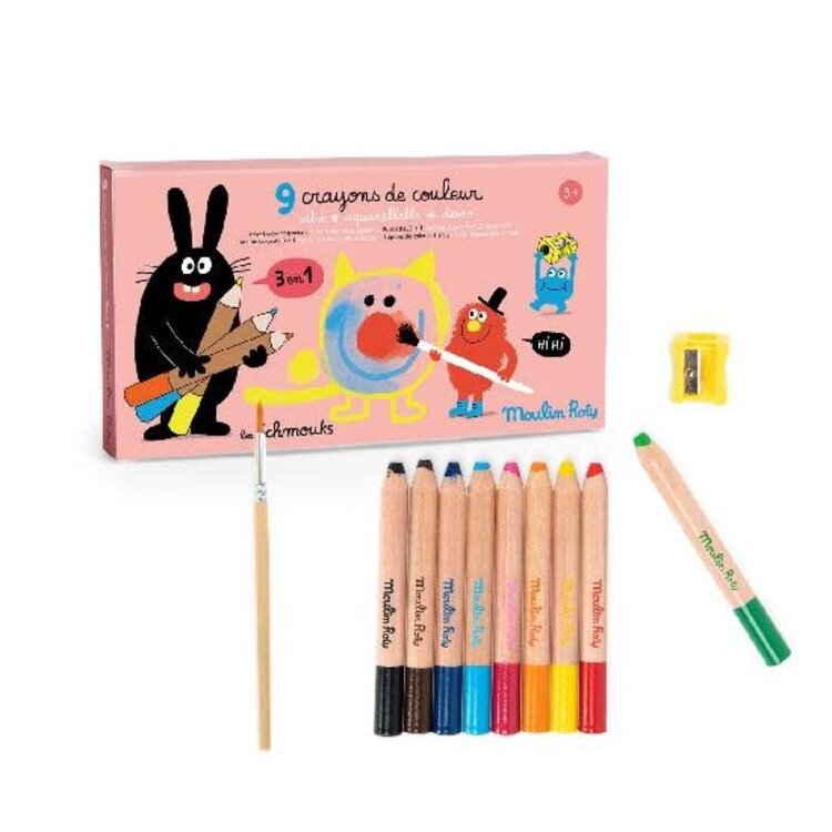 Moulin Roty 9 crayons de couleur 3 en 1 -  Les Schmouks