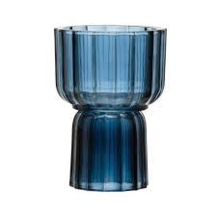 Bloomingville Vase / bougeoir double face - Verre cannelé  - Bleu