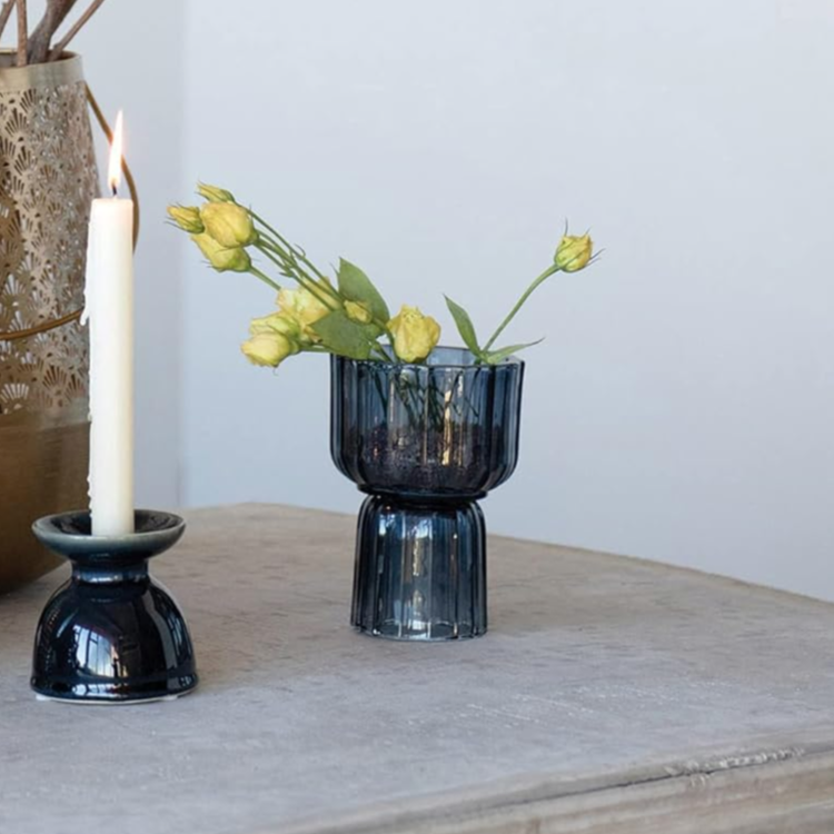 Bloomingville Vase / bougeoir double face - Verre cannelé  - Bleu