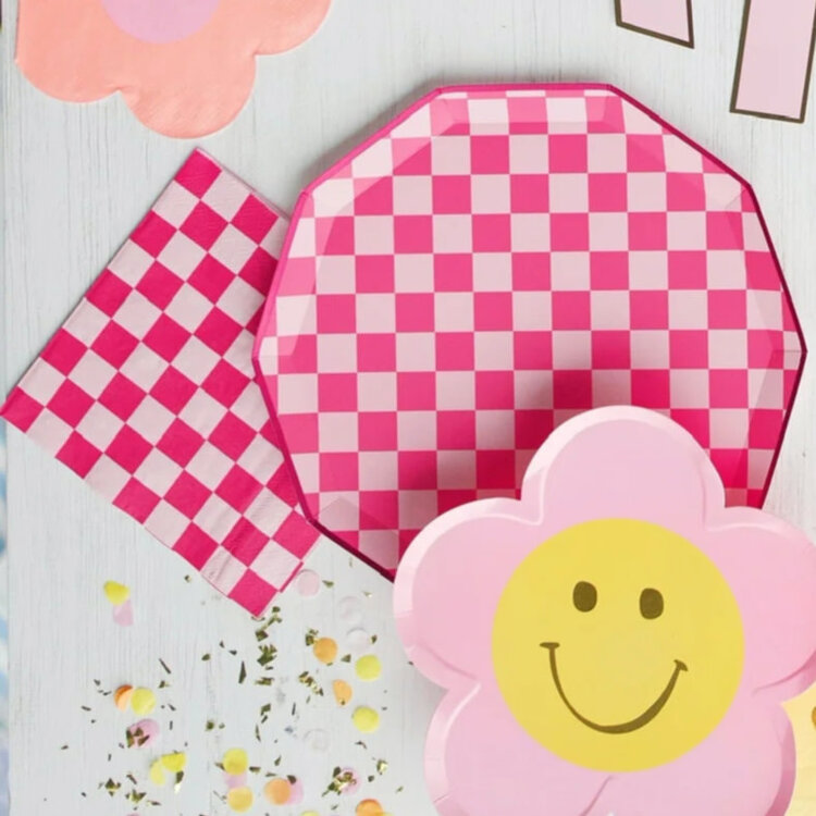 Bonjour Fête Grandes serviettes de table - Rose à carreaux