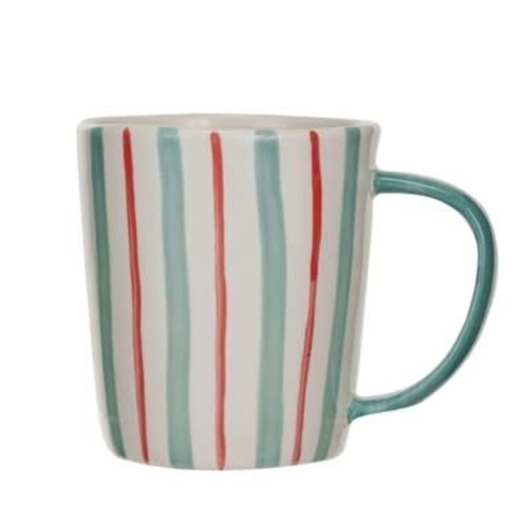 Creative Coop Tasse 14oz - Grès peint - Lignes bleues et rouges