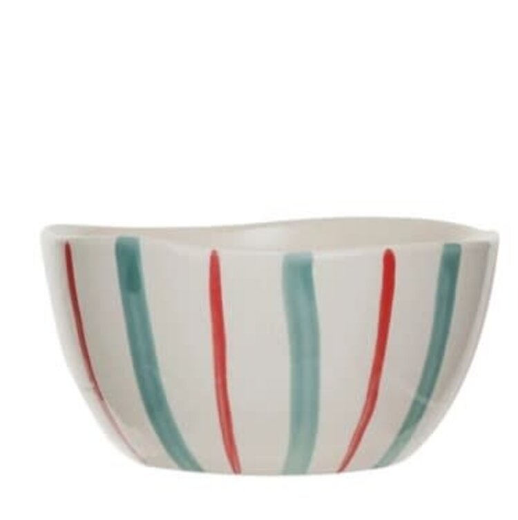 Creative Coop Bol - Grès - Lignes bleues et rouges