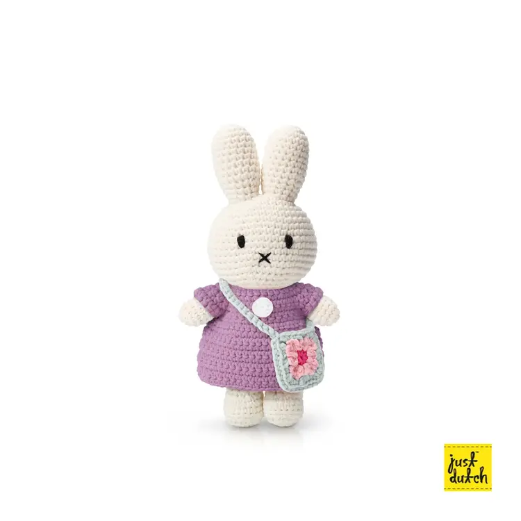 Just Dutch Peluche - Miffy -  Robe lilas avec sac à fleurs bleu