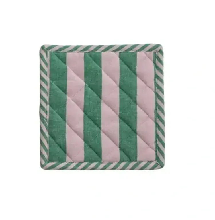 Creative Coop Manique en coton tissé – Rayures vert forêt et roses