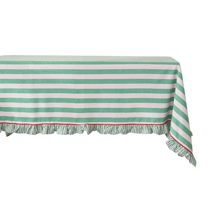 Creative Coop Nappe en coton tissé - Rayures vert fôret et roses