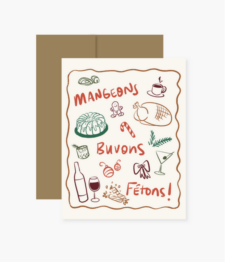 Boucle et Papier Carte de souhaits - Mangeons, buvons, fêtons!