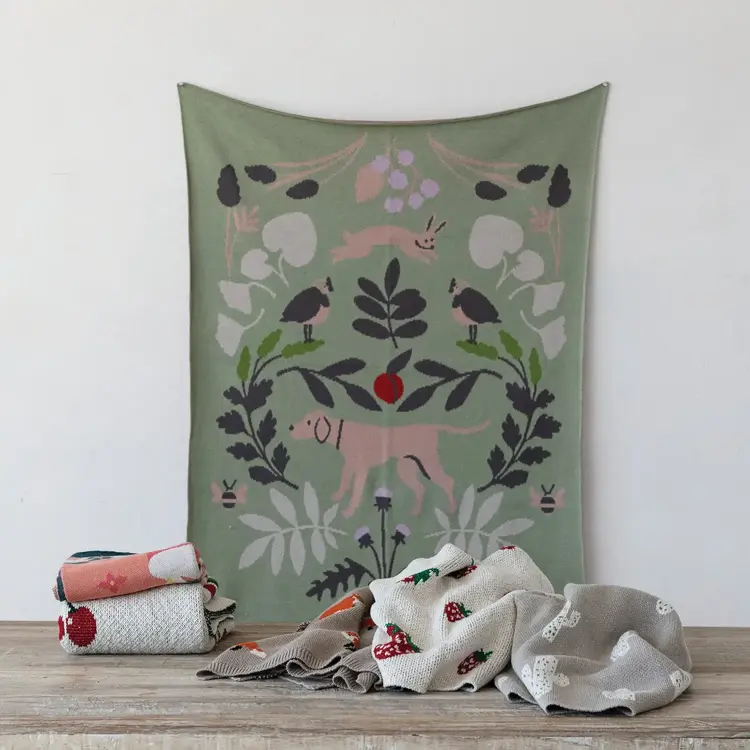 Creative Coop Couverture en tricot de coton - Motifs botaniques et animaux